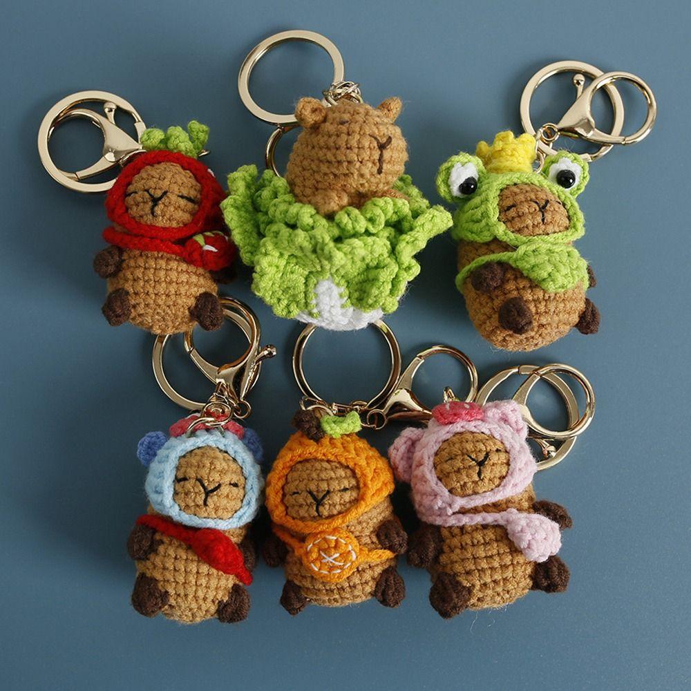 Cartoon Capybara Keychains Wool Making Crochet Keyrings Knitting Capybara Doll  Small Toy