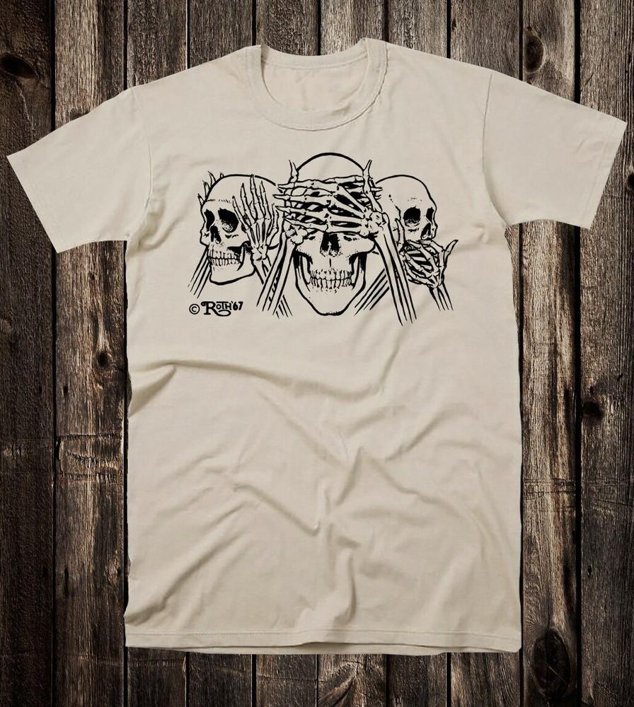 Ретро Хот Род Футболка 100% Хлопок Мотоцикл Roth Studios Черепа не вижу зла Унисекс Футболка S