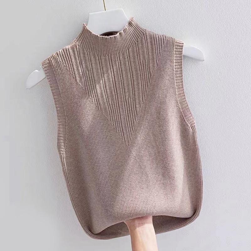 Summer Korean Solid Color Half Turtleneck Sleeveless Casual Knitted Vest For Women