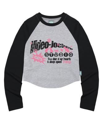VIDEO JOCKEY Cat Gathering Ls Crop Raglan T-Shirt [Black]