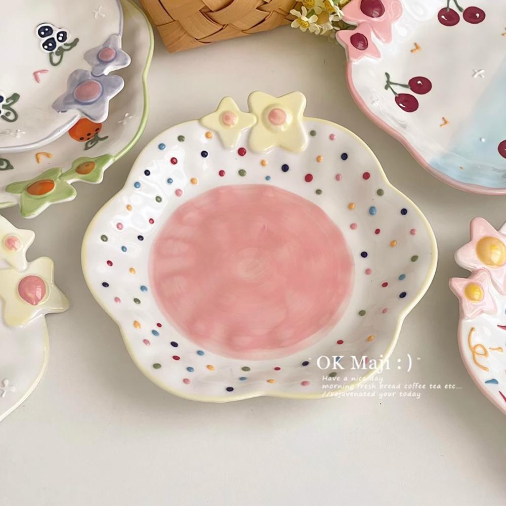 Hand-Painted Ceramic Plates Cute Floral Rainbow Relief Dish Set Household Kitchen Dining Tableware Breakfast Salad Pasta Plates