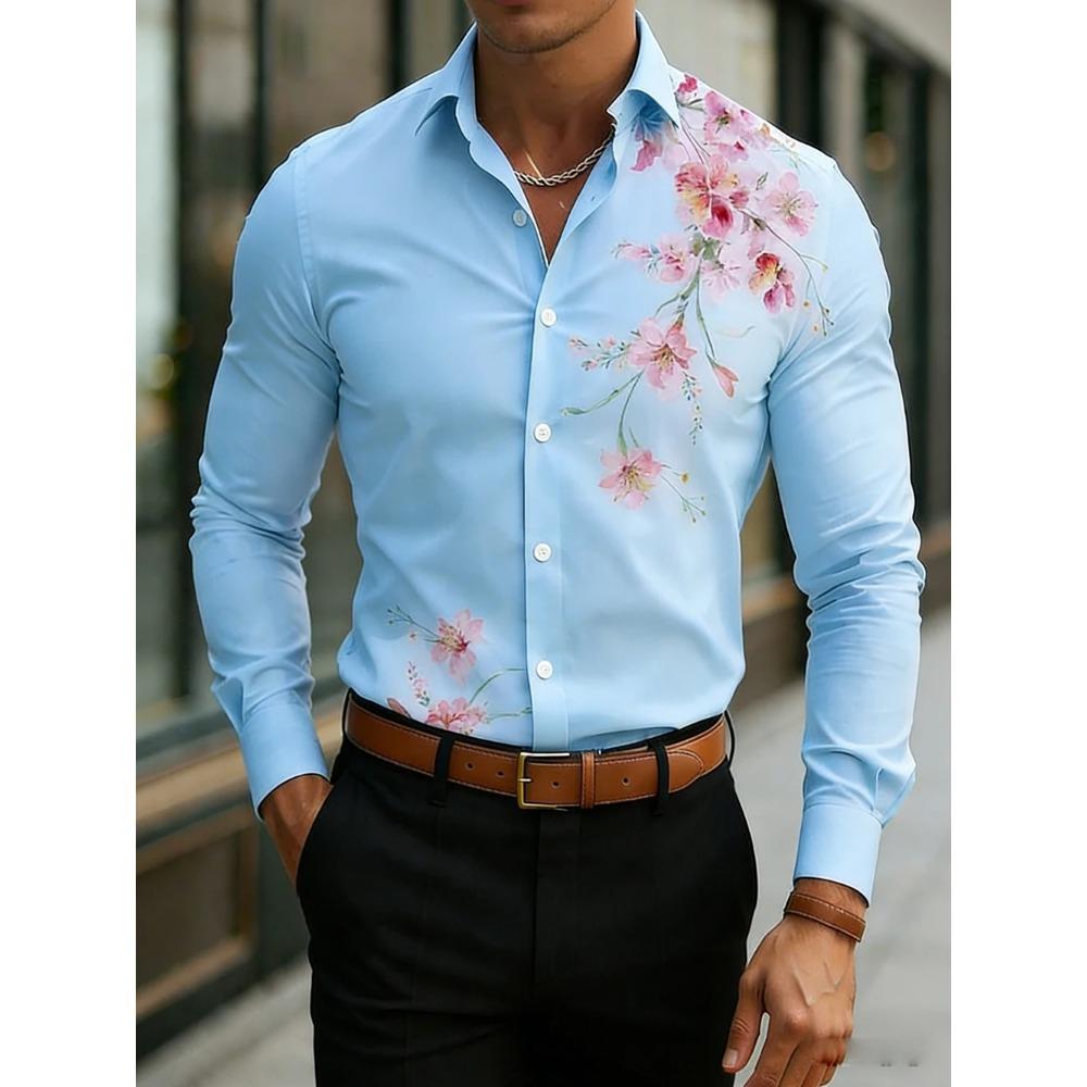 

Men s Business Casual Long Sleeve Shirt High Definition Natural Flower 3D Printed Shirt Hawaiian Vacation Outdoor Men s Clothing 3XL небо синє кольору