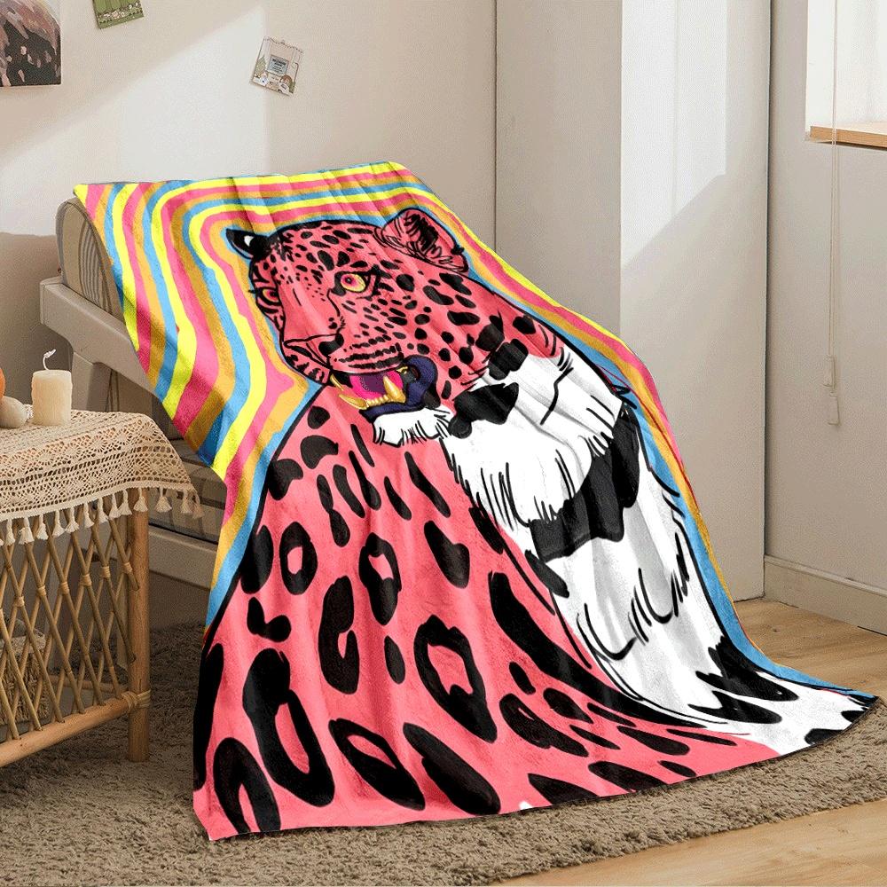 A pink leopard with black spots and vibrant wavy rainbow background. for all seasons blanket lunch break throw gift