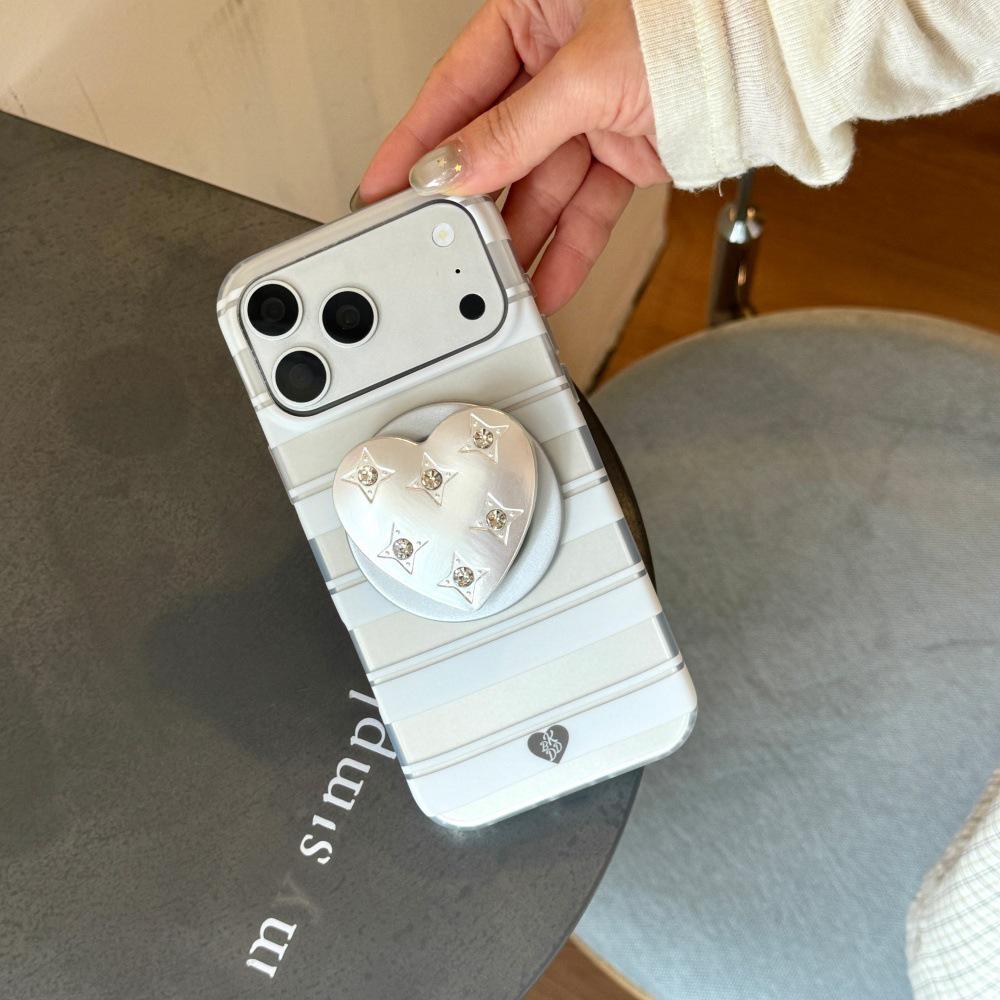 Korean Style Silver Diamond Heart Magnetic Case for iPhone 15/14 Pro Max with White Stripes