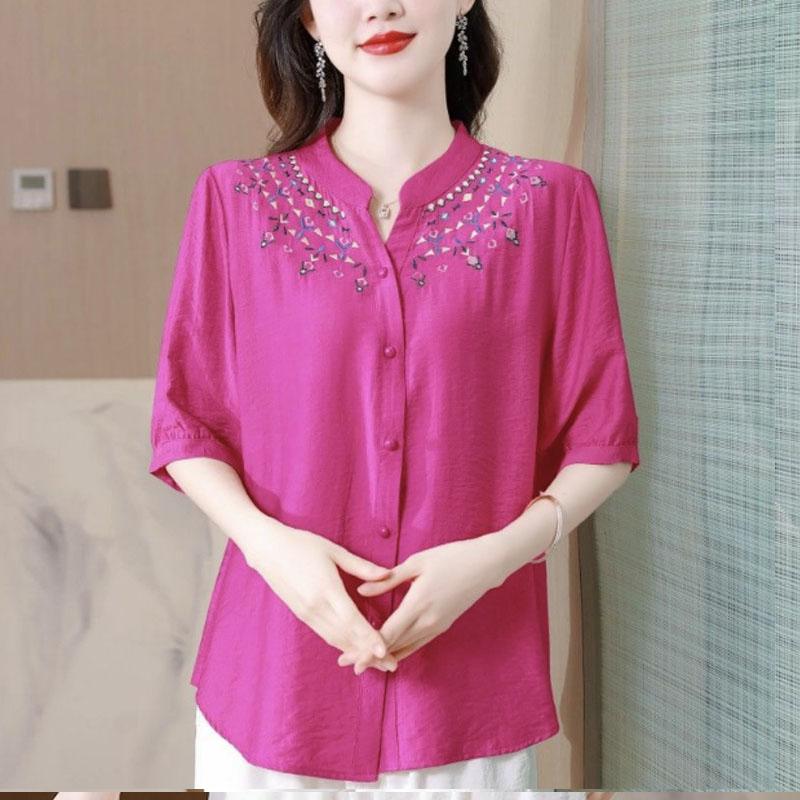 Middle-aged Mother's Short-sleeved Summer Fashionable Small Shirt Loose Large Size New Top Fashionable Embroidered Shirt