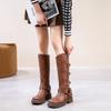 Leather Martin Boots Autumn and Winter New Flat-bottomed Retro Belt Buckle High Boots Western Cowboy Knight