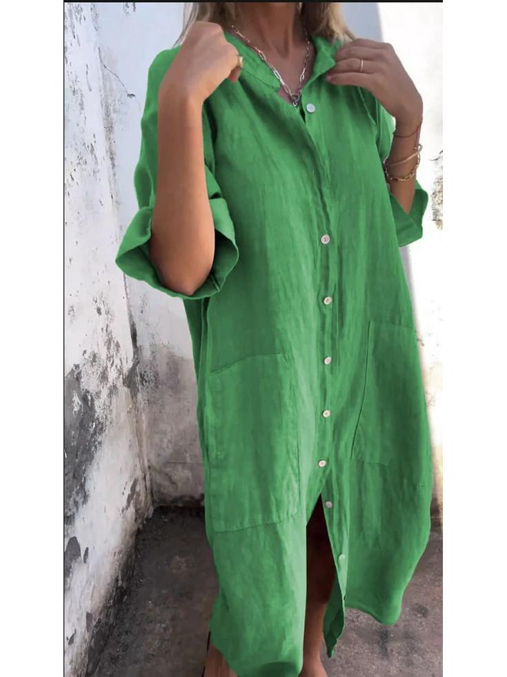 2026 Spring & Summer European-American Style Loose Cotton Linen Mid-Sleeve Shirt Dress for Women