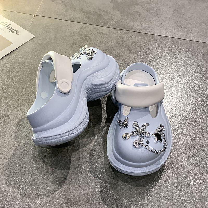 Heightened Thick-soled Non-slip High-end Fashion Hole Shoes 2025 Summer Wear Rhinestone Bag Head Women Cool Slippers Women