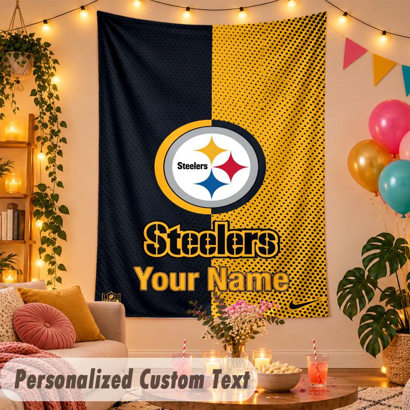 Pittsburgh Steelers Personalized Wall Tapestry Custom Name Text Polyester Hanging Decor Home Room