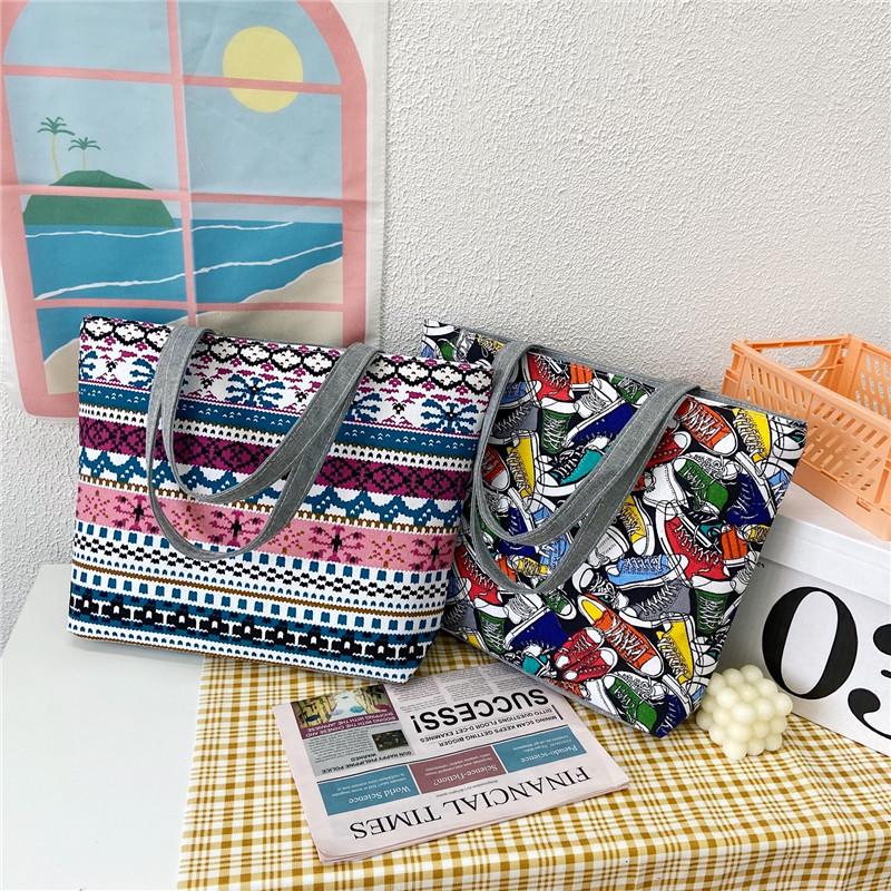 Korean Style Artistic Printed Canvas Tote Bag - Large Capacity Women's Shoulder Handbag