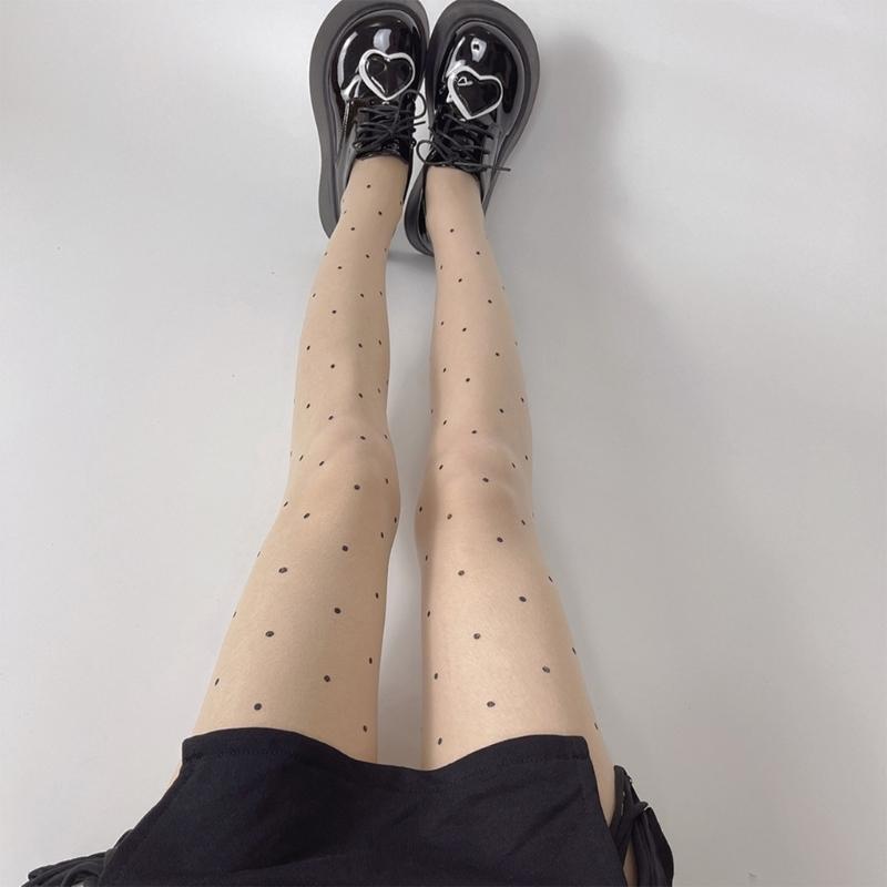 Women Sexy Ultra-Thin Sheer Silky Tights Japanese Sweet Bowknot Polka Dot Heart Printed See Through Pantyhose Stockings