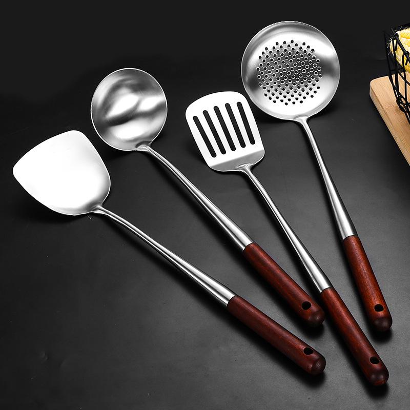 Stainless Steel Spatula with Extended Wooden Handle - High-Temperature Resistant, Anti-Scald Kitchen Utensil for Frying and Stir-Fry Cooking.