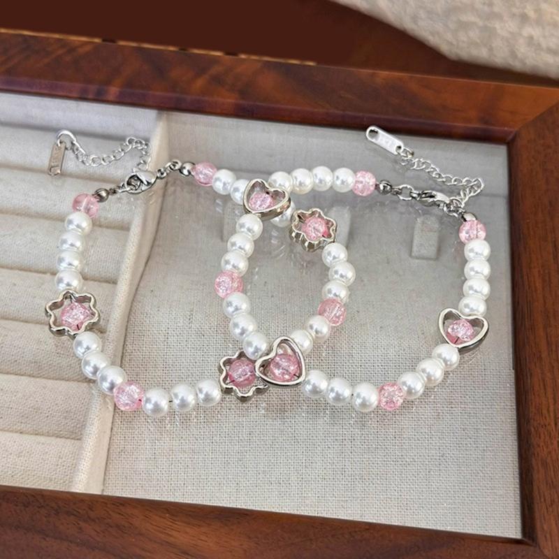 Stylish Bracelet with Heart Shaped Flower Imitation Pearls Wrist Jewelry Adjustable Size Perfect for Daily Wear