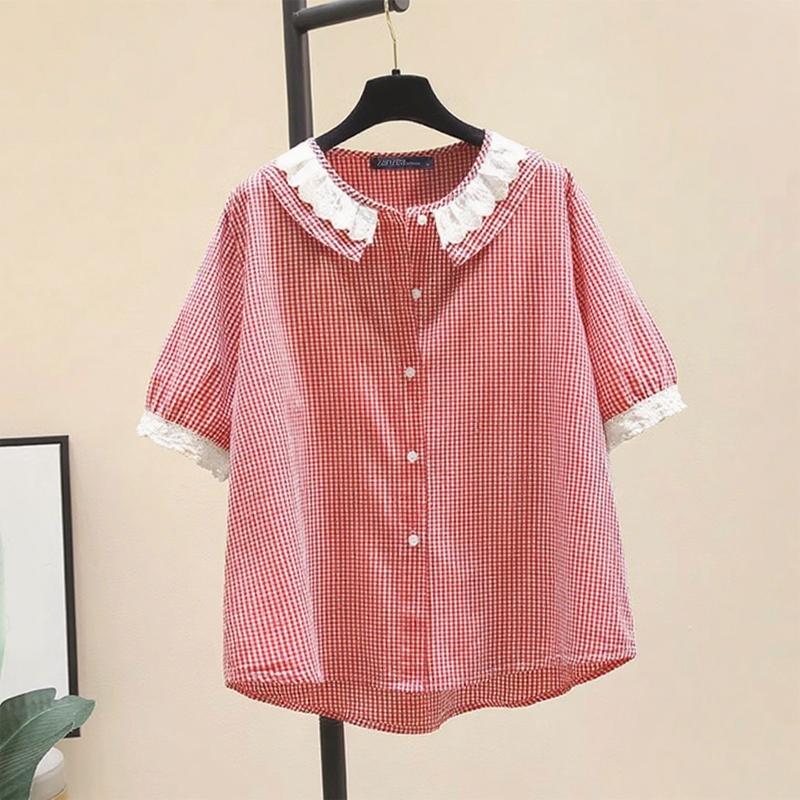 ZANZEA Womens Summer Splice Classic Collar Short Sleeve Grid Print Blouse