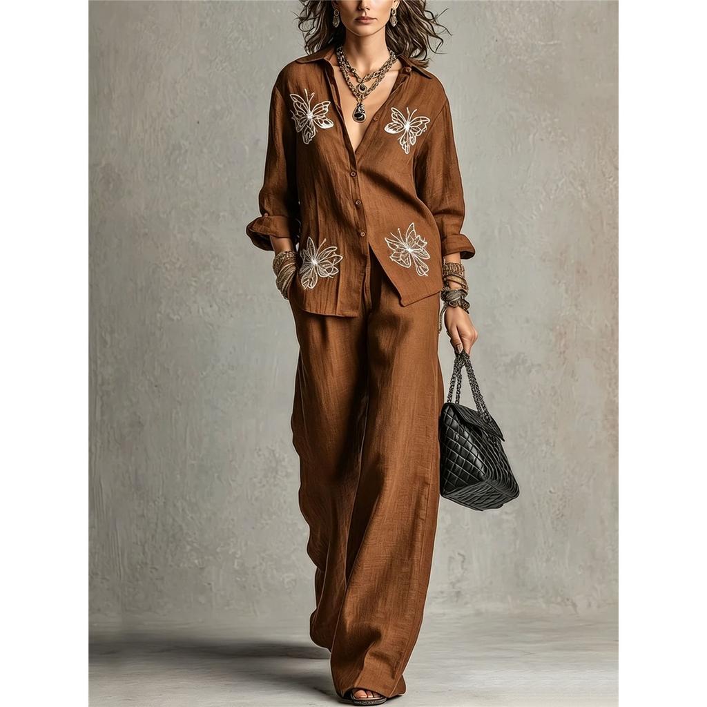 Women 2 Piece Outfit Butterfly Embroidery Lapel Shirt Wide Leg Pants Casual Loose Two‑Piece Set