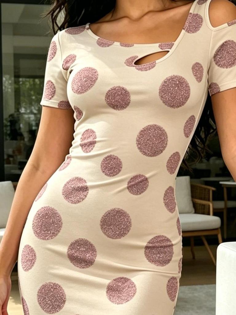 Women Summer Beige Pink Polka Dot Bodycon Midi Dress Cold Shoulder Slim Fit Sexy Cutout Elegant Dress