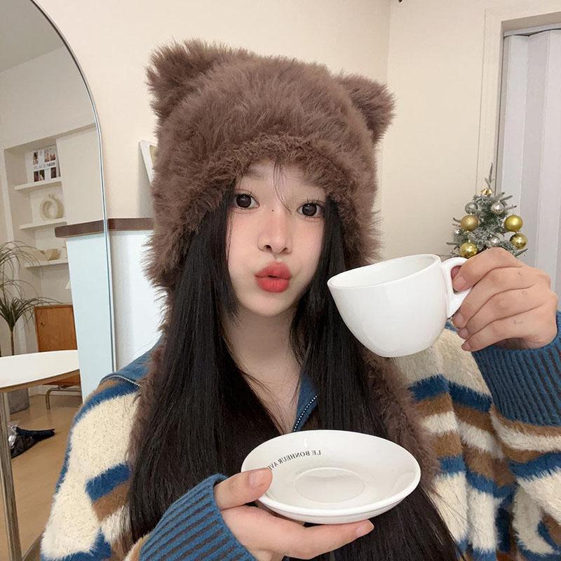 Winter Plush Women Hat Cute Bear Ear Protection Beanie Cap For Girls Female Kawaii Solid Color Faux Fur Warm Earmuffs Caps