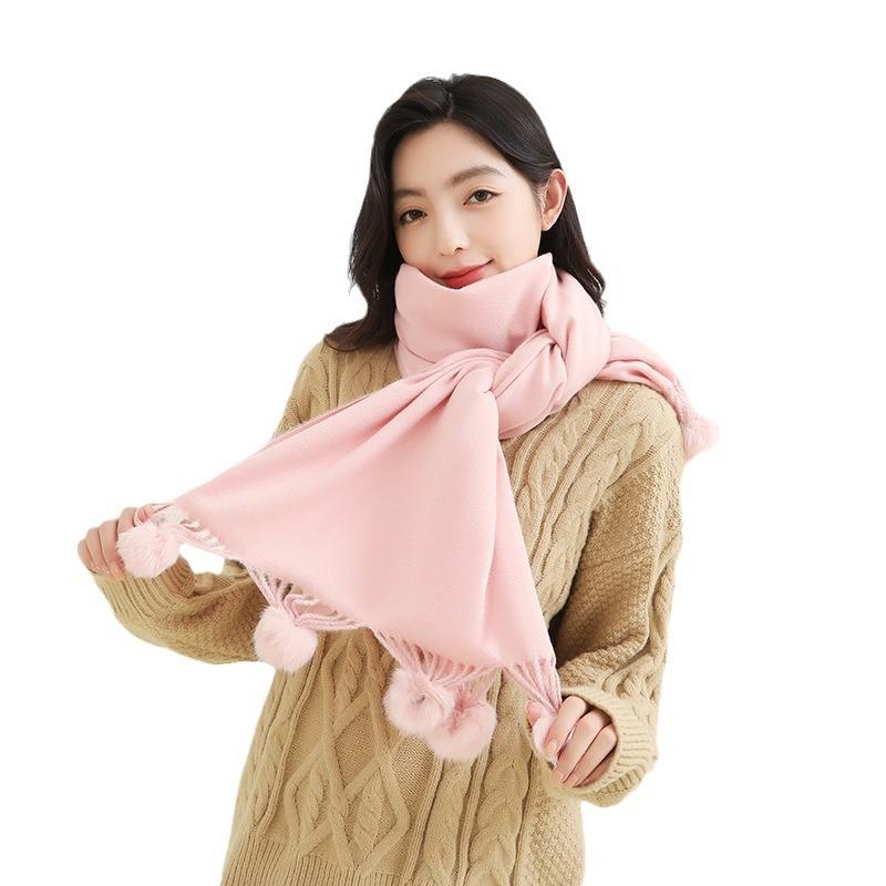 Girls Cute Imitation Cashmere Scarf Women's Winter Warm Solid Color Big Rabbit Fur Ball New Scarf Shawl