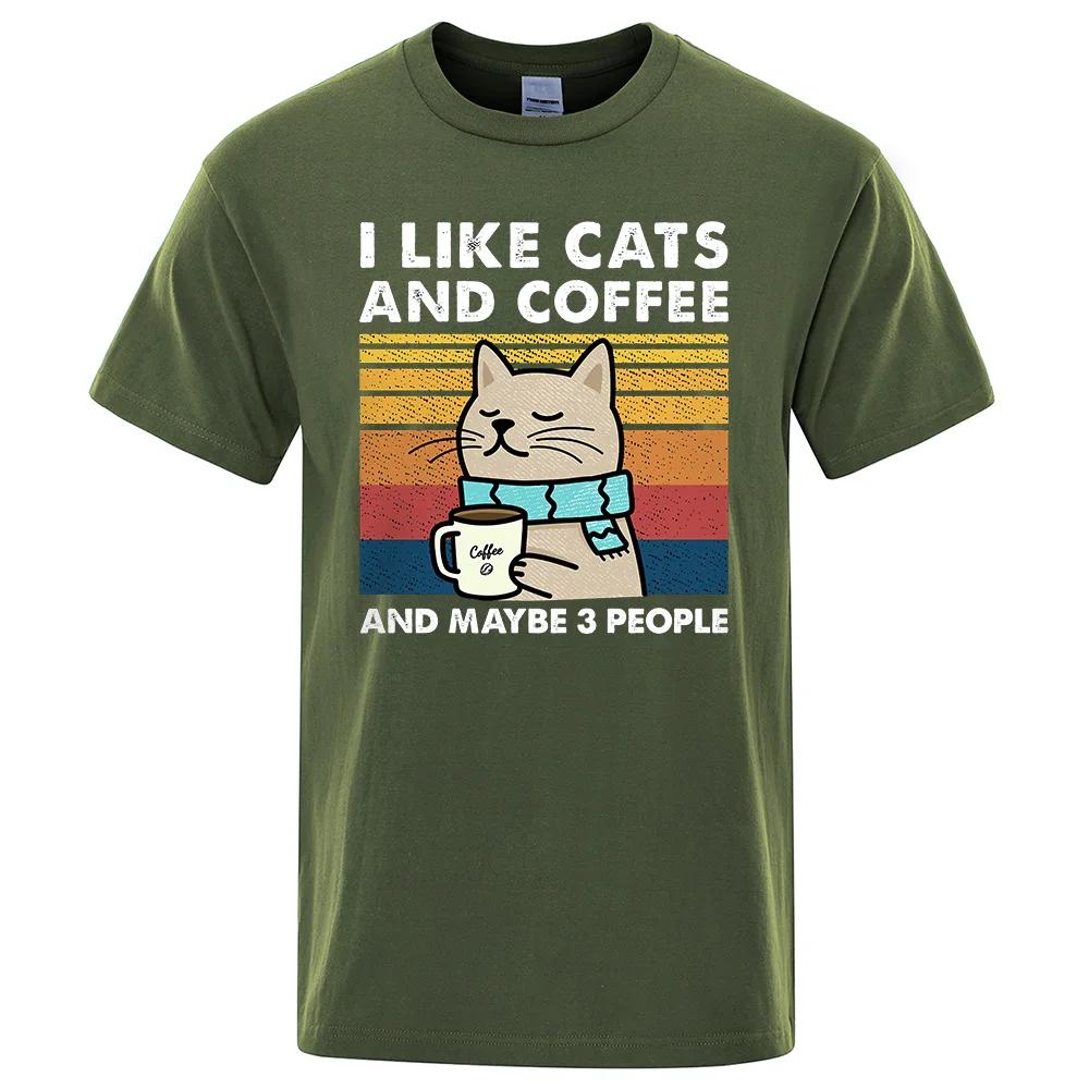 I Like Cats And Coffee Street Funny T-Shirt For Fashion Casual Loose Cotton Clothing Crewneck Breathable Tshirt Hip Hop Tees