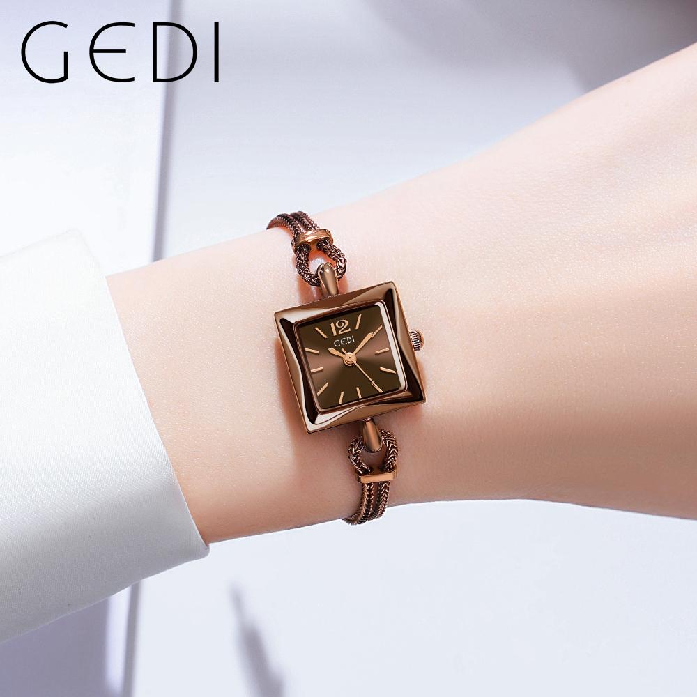 Fashion Gedi Top Brand Rose Gold Women Square Wrist Watch Alloy Rope Band Water Resistance Luxury Ladies Quartz Jewely 20mm