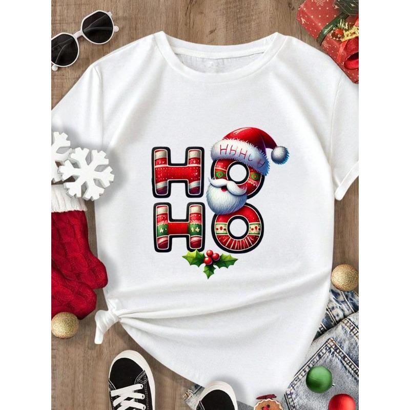 

(European Size) Merry Christmas Tee New Year Holiday Top Festival Casual Tree Style Cute Women Print Lady Short Sleeve Fashion Graphic T-shirts 4XL