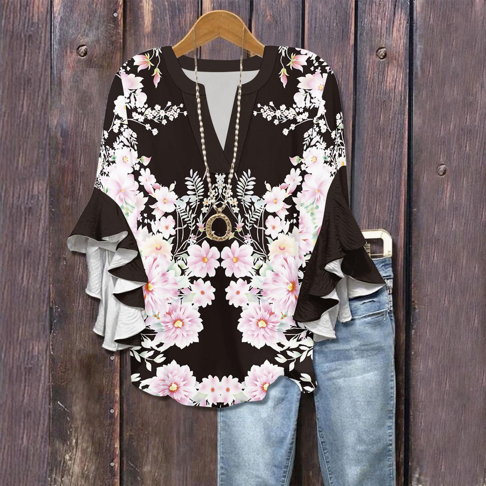 

Рубашки с рукавами 3/4 для женщин, симпатичные футболки с графическим принтом, блузки, повседневные, больших размеров, базовые топы с оборками на рукавах, пуловеры L чёрный