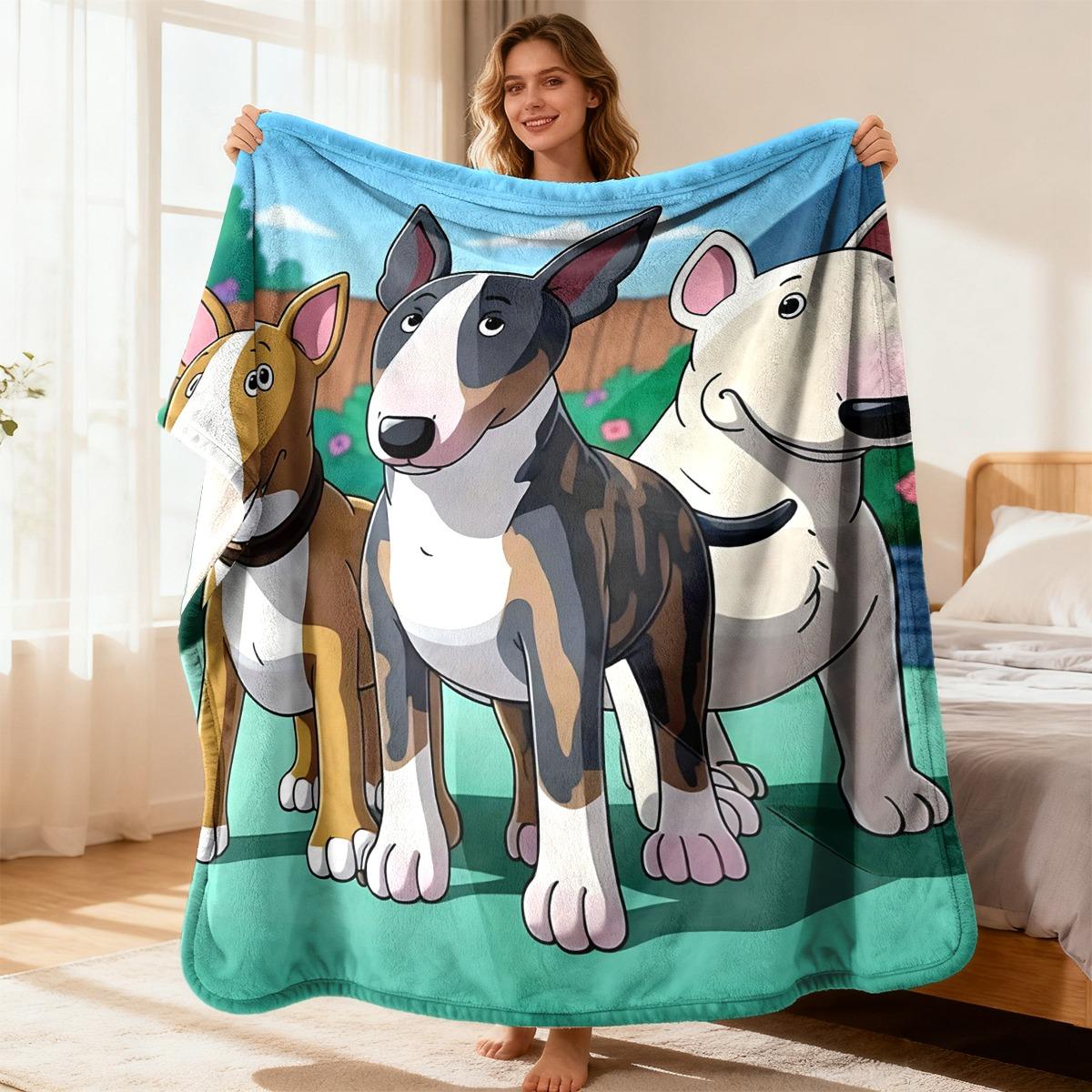 Three Bull Terriers Garden Trendy Flannel Blanket, Cozy Stylish Bedroom Christmas Gift Exceptional Quality Size: 75*100cm, Weight: 230 GSM