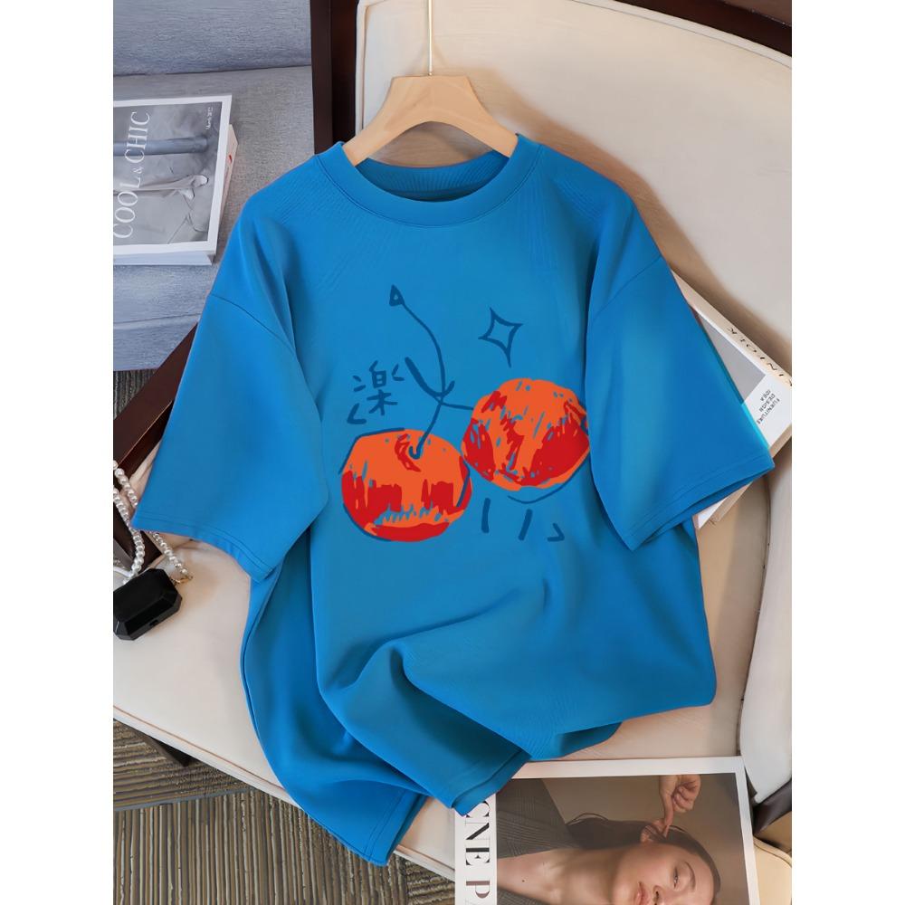 Cherry Pattern Printed Women's T-shirt Casual Sports Round Neck Short Sleeved Breathable Summer T-shirt Street New Clothing