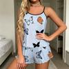 Set Pigiama da Donna, 2 Pezzi Canottiera Senza Maniche e Pantaloncini Pigiama, Set da Casa Estivo con Stampa Farfalle e Bordi Arricciati