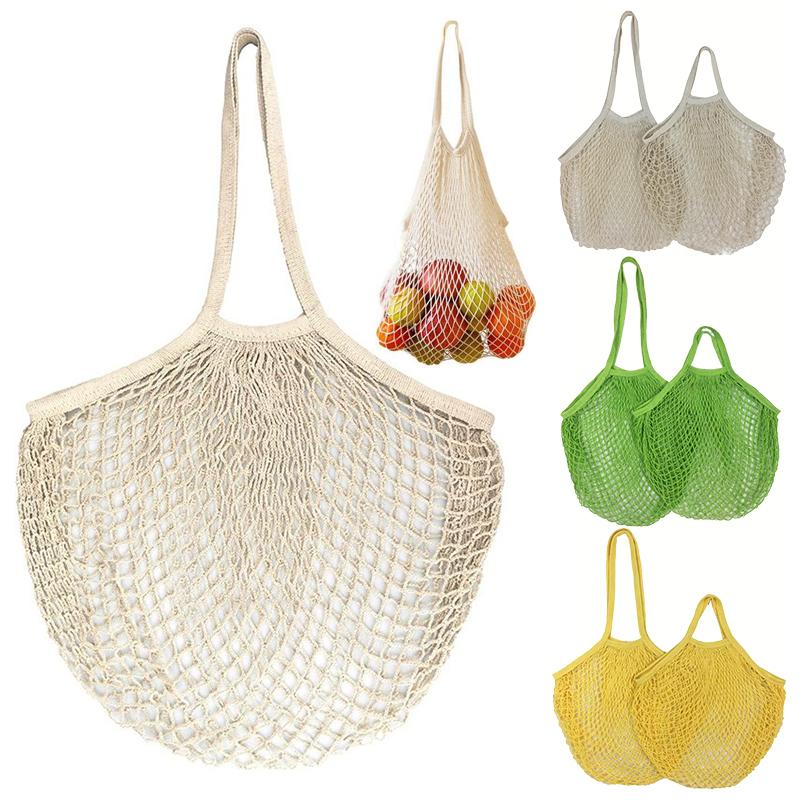 Reusable Mesh Grocery Bags, Long Handle Produce Bags, Fruit & Veggie Storage, Woven Mesh Pocket Hollowed Out Kitchen Storage
