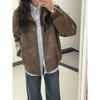 Women's American Retro Brown PU Leather Lapel Jacket - 2025 Spring/Autumn Faux Suede, High-End Versatile Couple Style.