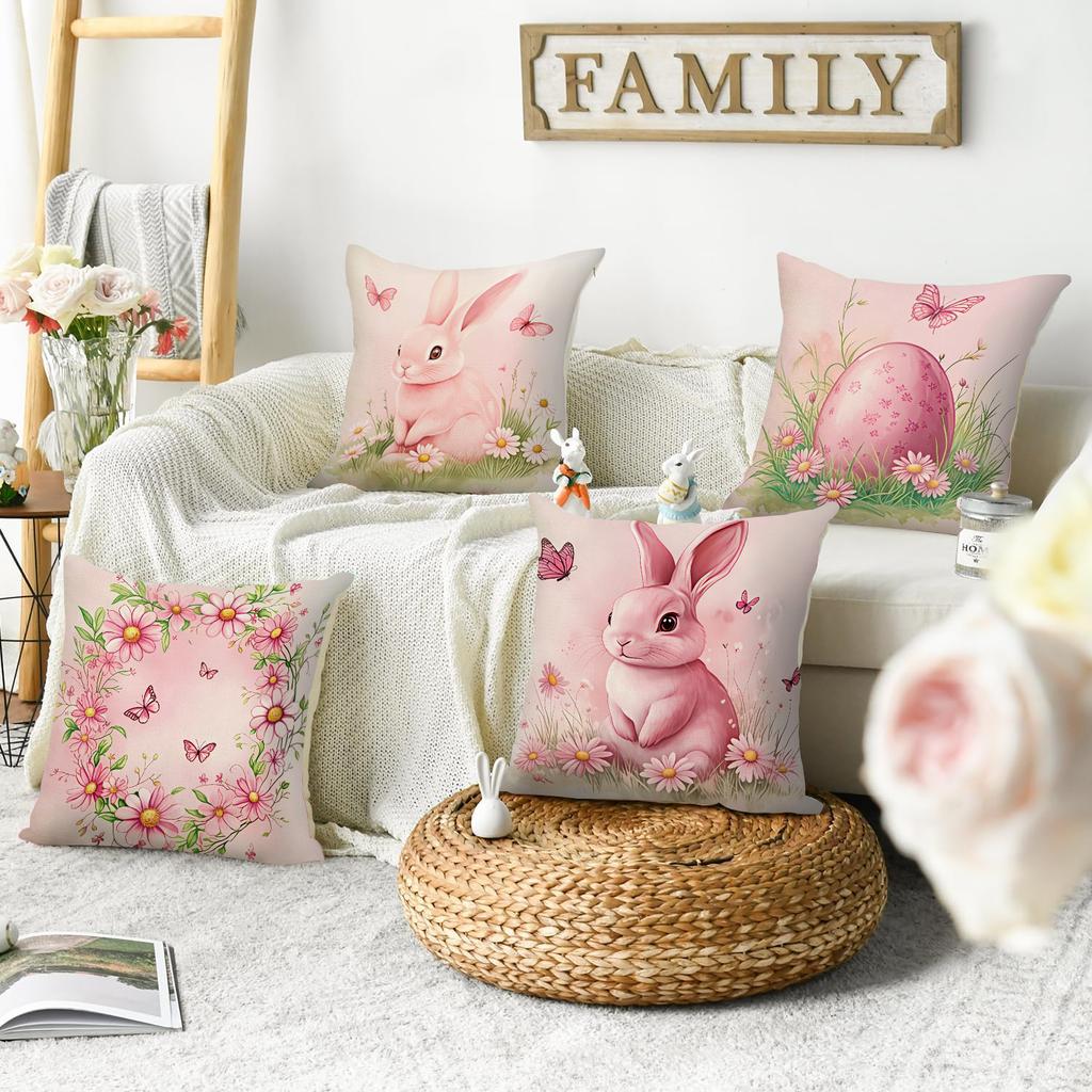 4Pcs Spring Easter Pillowcase, Cute Rabbit, Easter Egg Plant Flower Print Pillowcase, Easter Party Decoration Sofa Cushion Cover
