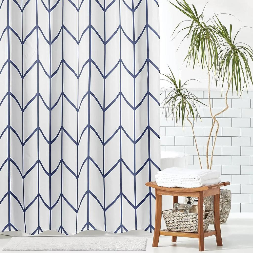 Fabric Geometric Shower Curtain, Mid-Century Modern Geometric  Herringbone Chevron Blue Black Gray Square Bathroom Decoration
