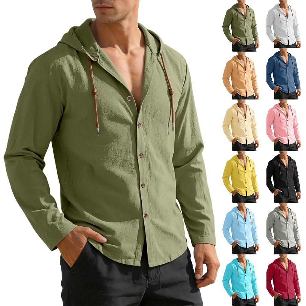 Herren Langarm Button-Down Hemd mit Kapuze Lässig Leicht Kordelzugkapuze Entspannte Passform Oberteil für den Alltag