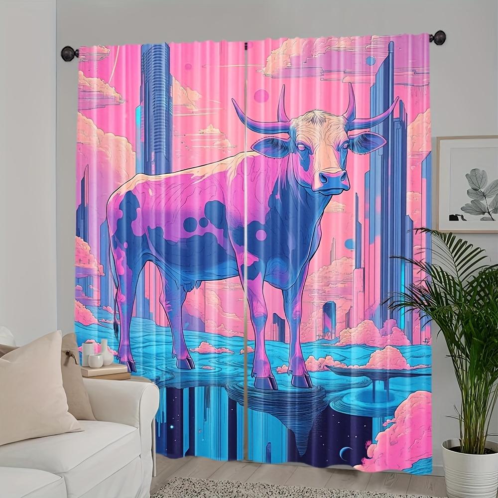 

Set Of 2 Minimalist Style Curtains Vintage Pop Vaporwave Sci Fi Farm Animals Cow Polyester Living Room Curtain Home Decoratio For Great Made W100*H70(CM)-Grommet top&2PCS
