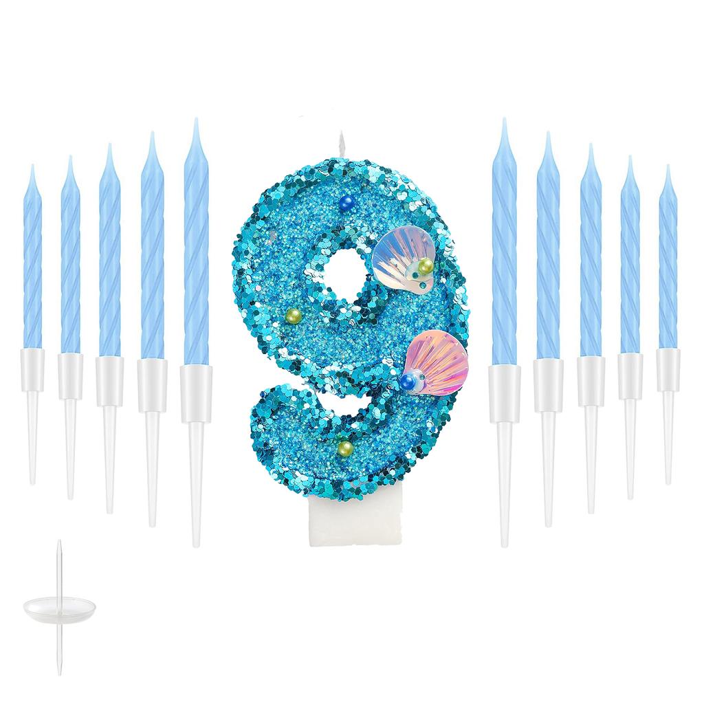 11pcs Blue Number Candle,Shell Sequins Number Candles for Birthday Cakes Mermaid Themed Party Supplies Number 0-9 Candle