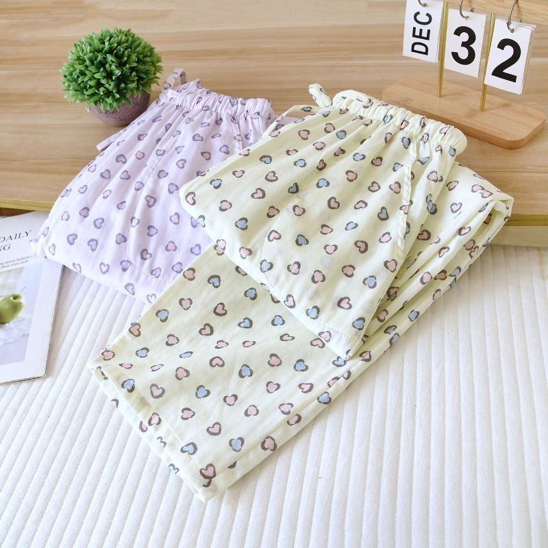 2026 New Women's Spring/Summer Sleeper Pants 100% Cotton Gauze Thin Style Simple Love Sweet Loose Home Pants