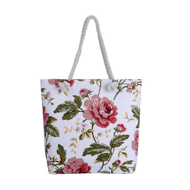 Summer Ladies Flower Printed Canvas Beach Handbag Portable for Female Single Shoulder Casual Tote Bags