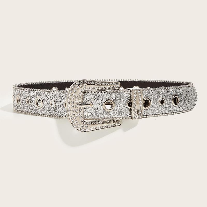Y2K Punk Style Women's Sequin Rhinestone Leather Belt - Trendy Jean Accessory