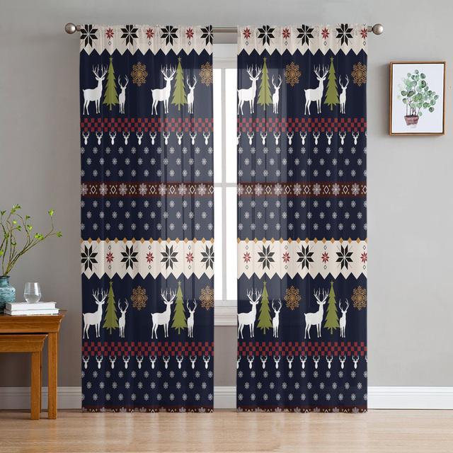 Christmas White Snow World Tulle Curtains For Living Room Decoration Modern Chiffon Sheer Voile Christmas Curtains