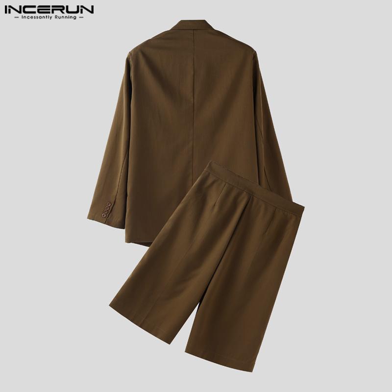 INCERUN Two Pieces Outfits Men Oversized Long Sleeve Blazer Capri Pants Sets Outfits