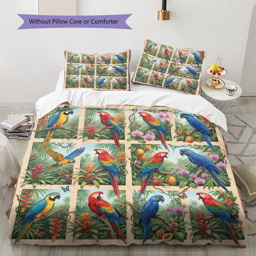 Retro Flower Parrot Pattern Bedding,Quilt Set Quilt Cover Pillowcase Home Birthday Gift (1 * duvet cover + 2 * pillowcase, without core)