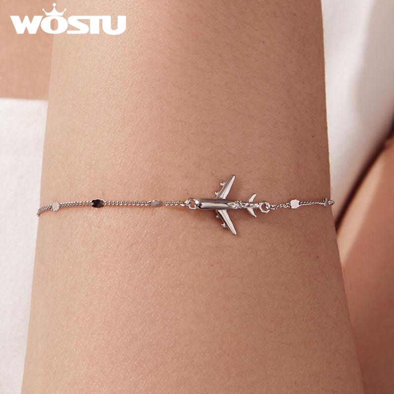 WOSTU 925 Sterling Silver Airplane Bracelet Travel Jewelry for Women Original Cute Plane Charm Bracelet Minimalist Gift for Her