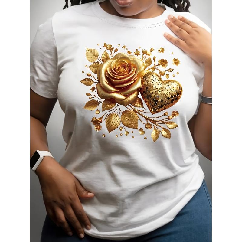 

European sizes Women S Casual Floral Print T-Shirt - Short Sleeve, Round Neck, Top with Golden Rose and Heart Design 4XL білий