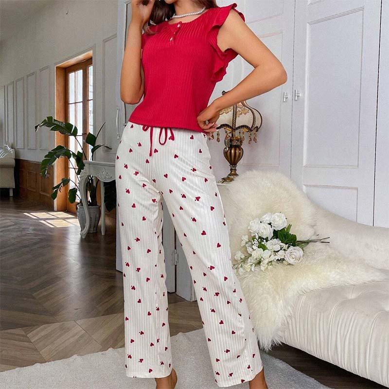 

Женская домашняя одежда Xiaofei Sleeve с принтом Love, повседневные брюки с отделкой в виде листьев лотоса и полосками, можно носить поверх пижамы S