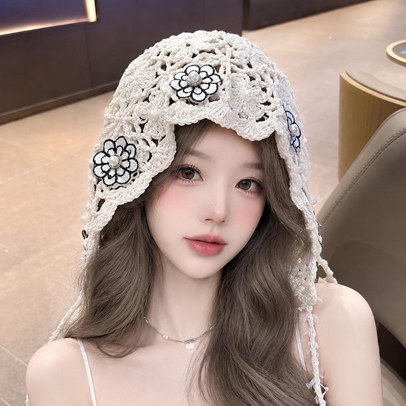 French Heavy Industry Crochet Bag Head Hat Hollow Breathable Lace Stacking Hat Mori Literary Sun Hat Atmosphere Cold Hat