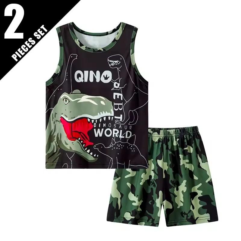 2 Pcs Summer Children's Camouflage Dinosaur Suit Boy Casual Fashion Handsome Vest Girl Comfortable Joker Shorts T-shirt Clothing