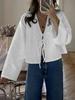 2025 Summer White Lace Up Shirts For Women‘s Elegant Loose Long Sleeve V-neck Blouse Female Solid Causal Street Chic Lady Tops