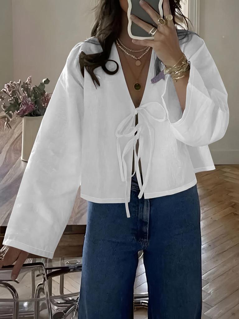 2025 Summer White Lace Up Shirts For Women‘s Elegant Loose Long Sleeve V-neck Blouse Female Solid Causal Street Chic Lady Tops