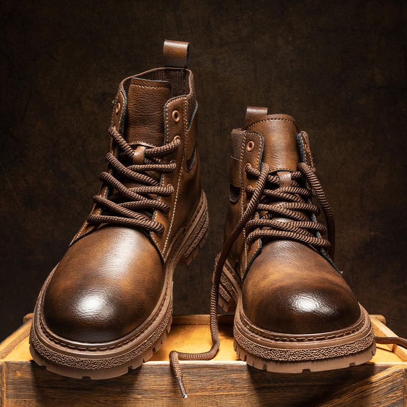 Fashion Autumn Leather Mid-top Shoes Fashion Male Ankle Boots Casual Outdoor Hiking Boots Sneakers Non-Slip Comfy Motocross Boots Botas